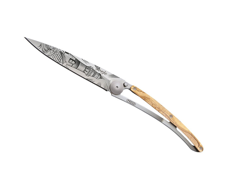 Deejo Tattoo 37g Knife with Olive Wood Handle, Lighthouse