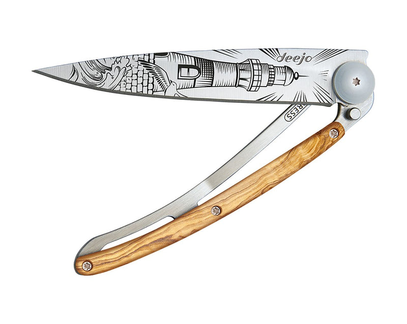 Deejo Tattoo 37g Knife with Olive Wood Handle, Lighthouse